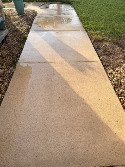 Pressure-washed concrete walkway with clean and dirty sections visible